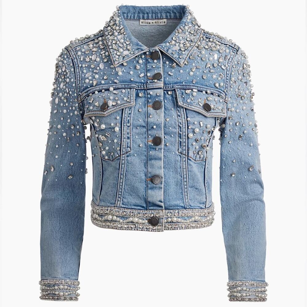 ALICE + OLIVIA Nelson Embellished Beaded Cropped Fitted Denim Jean Jacket Sm NEW